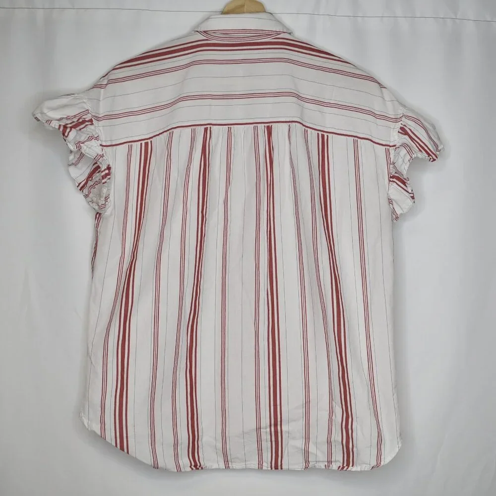 Madewell Women's Top Button Up Striped Central Ruffle Sleeve White Red - Picture 6 of 6